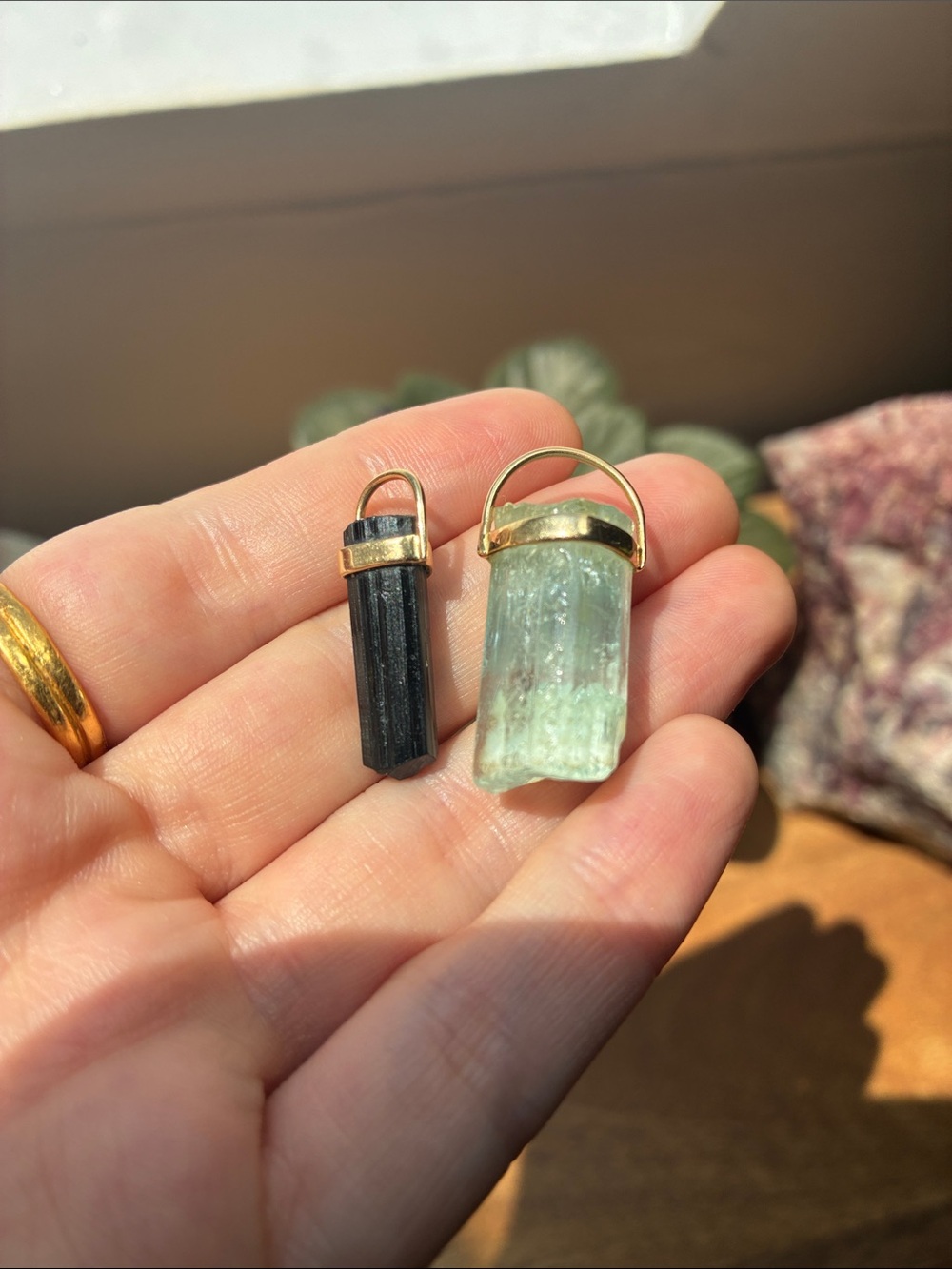 14k gold raw aquamarine & tourmaline pendants